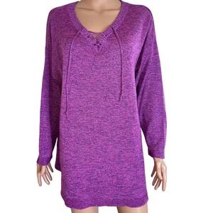 Catherines sweater marled purple 2 tone V-neck lace up Plus size 1XL pull over
